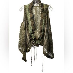 My Pretty Angel Boho Crochet Ruffle Vest Olive Green Layered Women’s Large